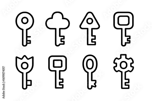 Glowing neon outline of diverse key shapes on dark background