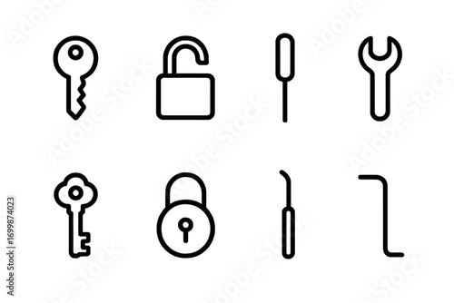 Glowing neon security icons: keys, locks, and tools on dark background