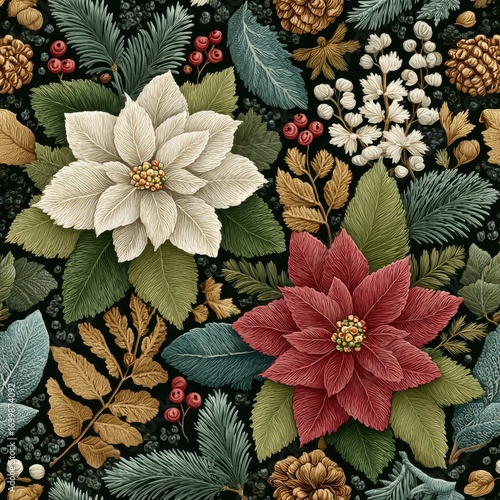 Red And White Poinsettia Floral Seamless Pattern