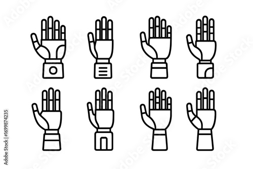 Neon glow robotic hand icons on futuristic dark background