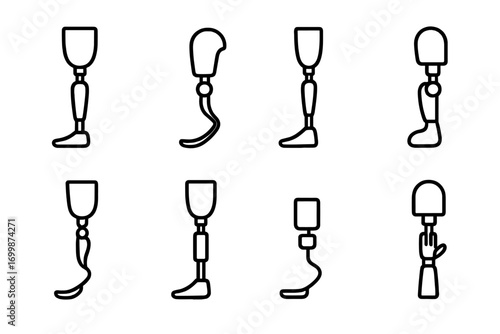 Neon outline prosthetic legs on grayscale background with various designs