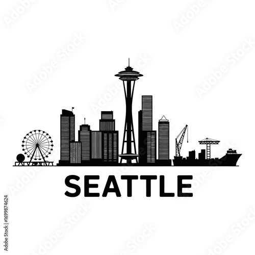 Minimal black and white silhouette of downtown Seattle skyline featuring iconic urban architecture, modern highrise buildings, and sharp cityscape contrast for abstract city design concept. 