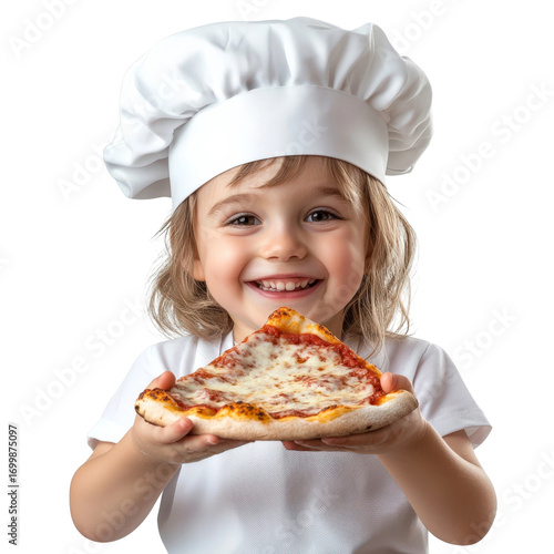 Happy child chef in white uniform holding delicious slice of pizza with melty cheese and smiling joyfully ready to serve in bright kitchen setting