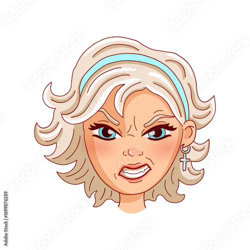 Angry woman's head isolated on white background. Vector illustration.