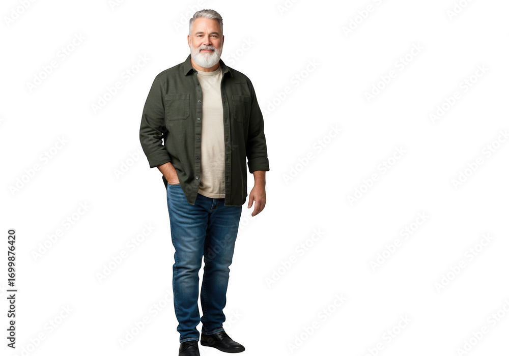 Fototapeta premium Mature man with beard standing confidently in casual attire with vibrant accents transparent background
