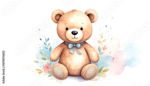 Cute teddy bear surrounded by flowers