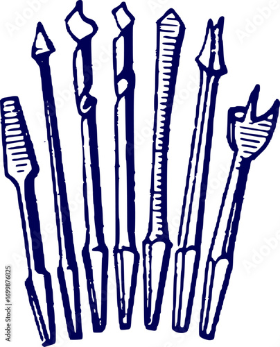 Drill bits icon vector. Various Types of Drill Bits Illustrated. Set of various drill bits in different sizes and shapes. Vintage drill bit set illustration hand drawn black and white style