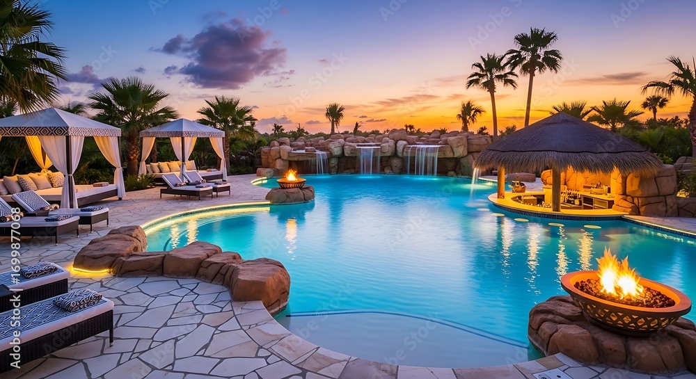Obraz premium Luxury Poolside Evening Oasis with Fire Pit.