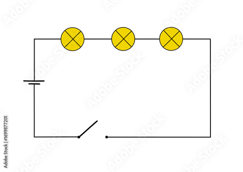 Electrical circuit diagram with light bulbs and power source. Simple illustration of a basic circuit isolated on white background