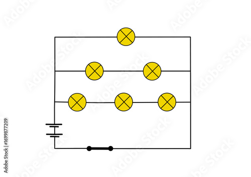 Electrical circuit diagram with light bulbs and power source. Simple illustration of a basic circuit isolated on white background