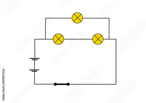 Electrical circuit diagram with light bulbs and power source. Simple illustration of a basic circuit isolated on white background