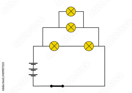 Electrical circuit diagram with light bulbs and power source. Simple illustration of a basic circuit isolated on white background