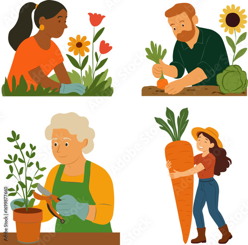 Vector illustration of people gardening, planting flowers, harvesting vegetables, and enjoying nature.