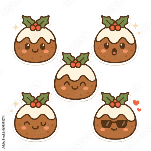 Cute Christmas pudding characters express joy and fun