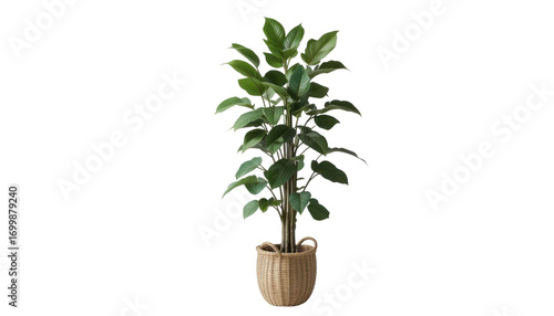 Ficus plant with fresh green leaves in a white pot, isolated on a white background, perfect for home gardening and decoration