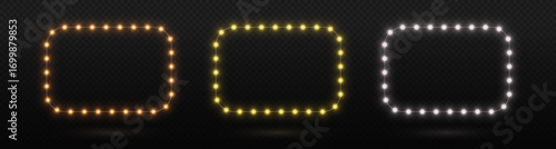 Set of glowing garland LED neon  square frames in, yellow, orange and white. Isolated transparent background, ideal for holiday decorations, banners, and festive design elements, Vector PNG.