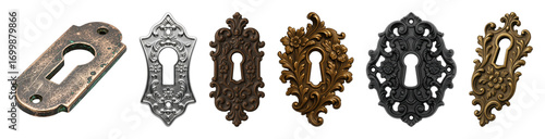 Ornate keyhole escutcheon set including various metal finishes, decorative styles, and weathered textures isolated. Antique hardware collection.