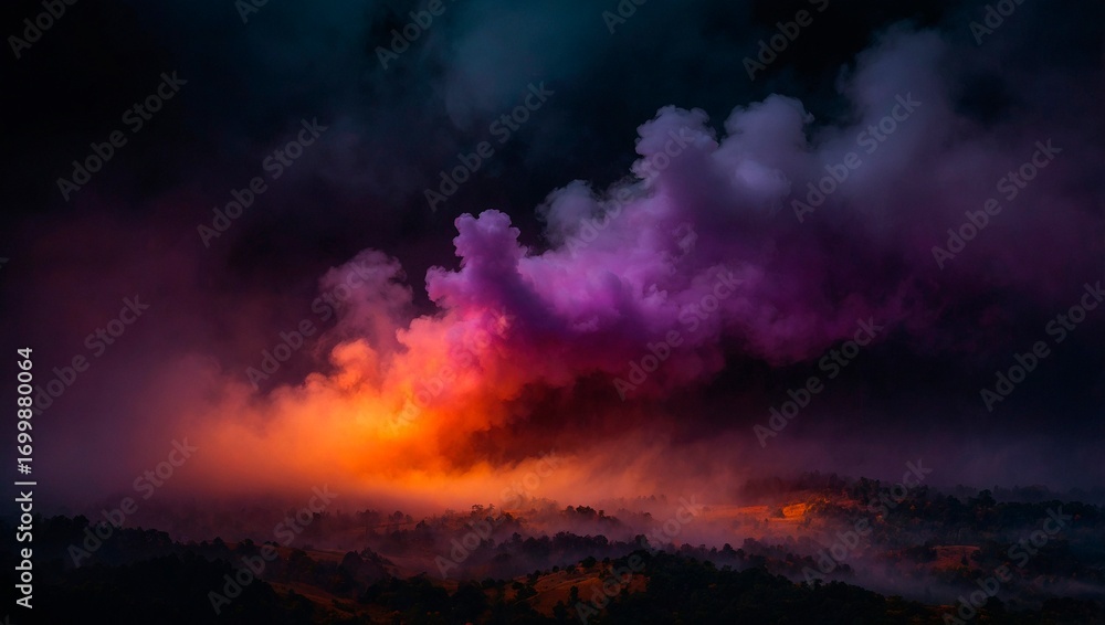 Naklejka premium Orange and purple smoke mist clouds over the textured asphalt surface background. Beautiful dark smokey wallpaper. Abstract misty header design concept. 
