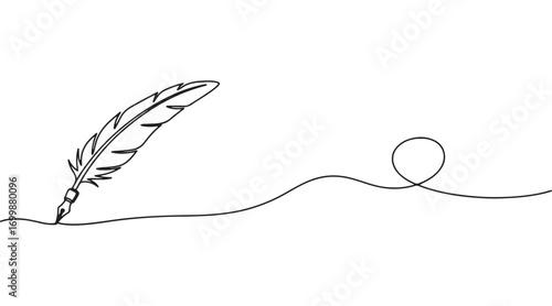 A collection of vintage guill pens in continuous writing, featuring a modern single line drawing graphic design, along with a simple calligraphy vector illustration set against a white background.
