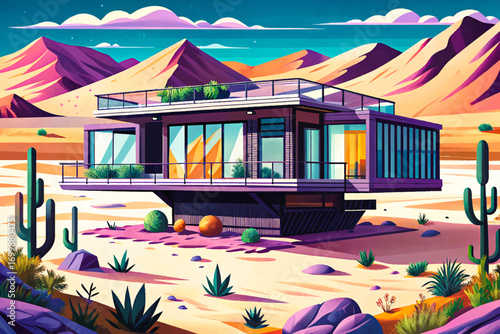 Floating steel villa on desert dunes, futuristic sustainable architecture blending with vast arid landscape