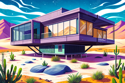Floating steel villa on desert dunes, futuristic sustainable architecture blending with vast arid landscape