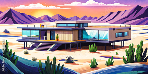 Floating steel villa on desert dunes, futuristic sustainable architecture blending with vast arid landscape