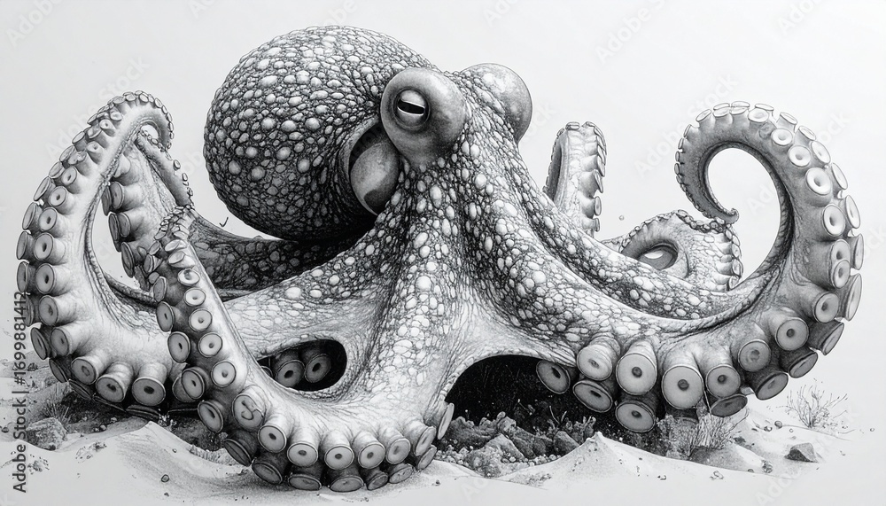 Obraz premium Detailed grayscale drawing of a majestic octopus resting on sand.