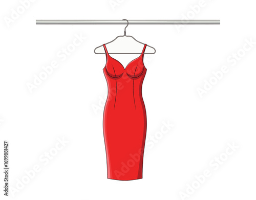 Vector illustration of a red dress hanging on a wardrobe hanger

