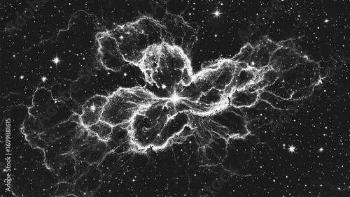 Powerful luminous explosion of star surrounded by glowing shockwave and bright distant star in space. Starburst nebula in stippling style. Dotwork. Pointillism. Shading using dots. Vector illustration