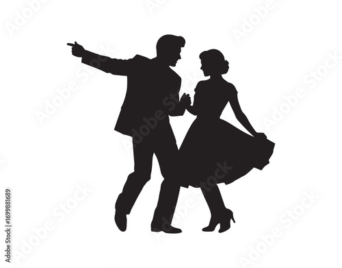 A couple in 1950s attire, dancing rock and roll, shown in red and black silhouettes, without any white elements,


