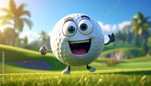 A cartoon golf ball character, with a happy expression, is depicted on a grassy golf course.