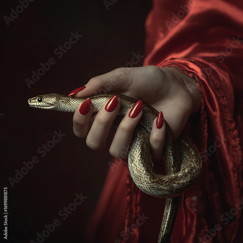 Serpent's Charm: A woman's hand with red nails holding a snake against a dark red backdrop.