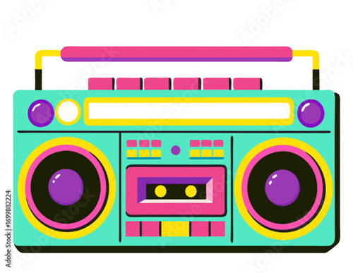 Colorful retro boombox illustration on transparent background.