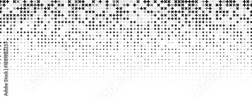 Black cross halftone gradient forming abstract geometric fade. Minimal modern texture, monochrome pattern, dynamic digital transition for posters, covers, web. Vector illustration.