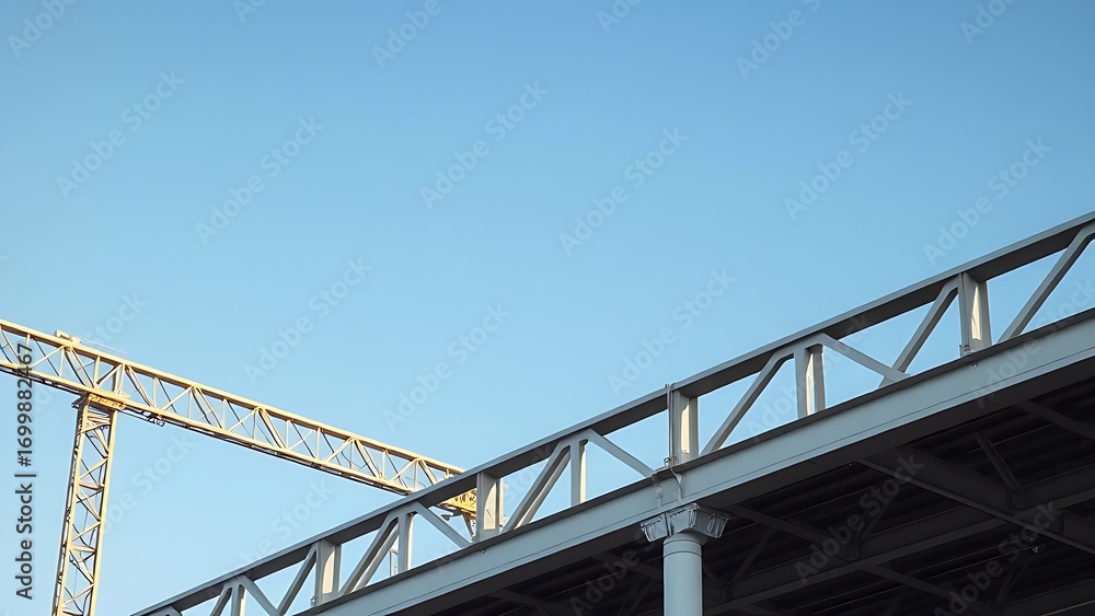 Obraz premium Industrial steel structure with geometric patterns, highlighting construction progress under clear skies.