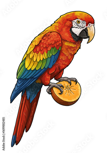 Colorful Macaw Parrot Perched on Orange Slice Illustration.