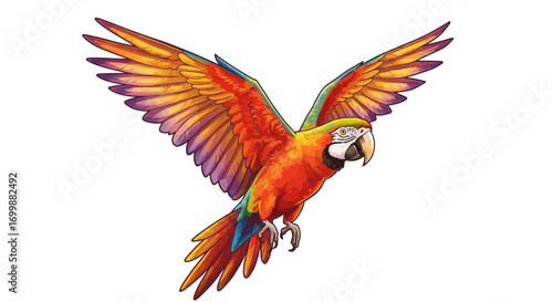 Colorful Macaw Parrot in Flight with Wings Spread Wide.