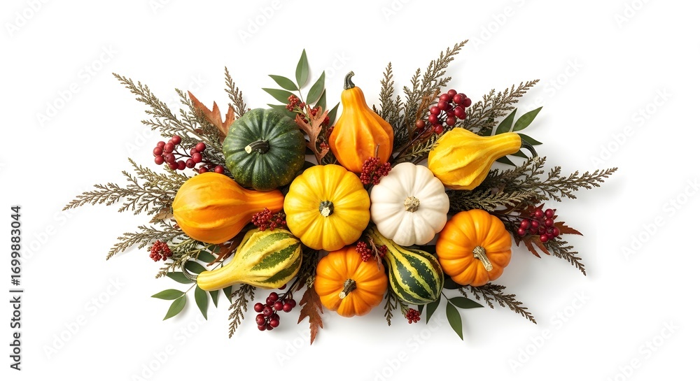 Fototapeta premium Autumn harvest gourd arrangement with greenery and berries