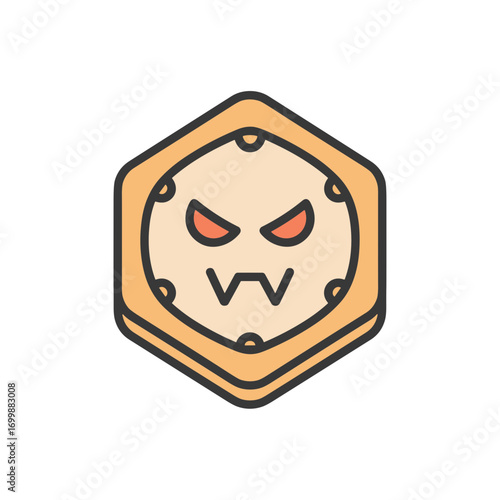 Cartoonish villain badge with angry face in hexagonal shape  