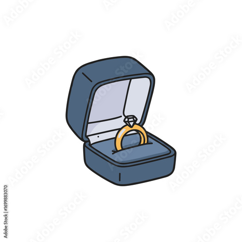 Ring in open blue jewelry box on white background  