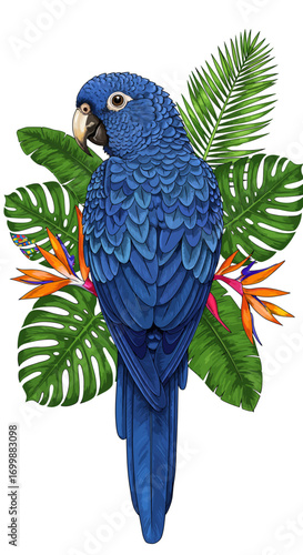 Vibrant Blue Hyacinth Macaw with Tropical Foliage Illustration.