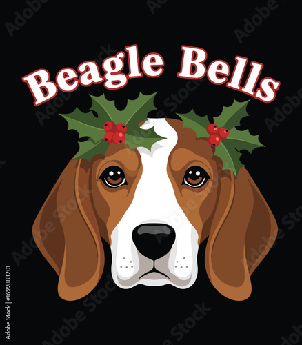 Beagle Bells – Christmas Beagle Dog Pun T-Shirt Design with Holly