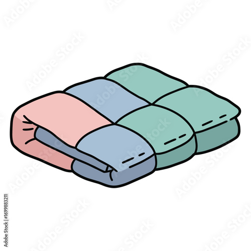 Colorful quilted blanket with soft pastel colors on white background  