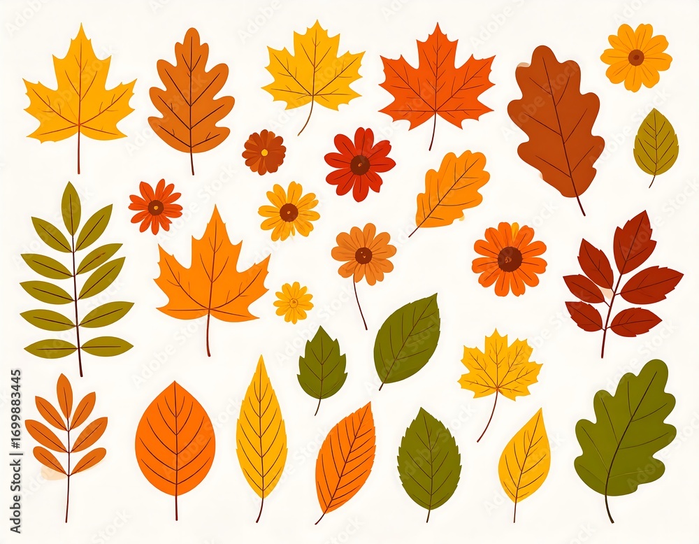 Fototapeta premium Collection of autumn leaves and flowers. Flat design