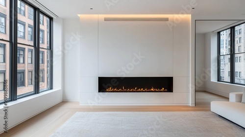 A modern, minimalist living room featuring large windows, a sleek fireplace, and neutral color tones, creating a bright and airy atmosphere.