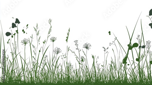 Minimalist tall grass and tiny wildflowers on white background with clean lines and symmetrical composition, high resolution nature illustration in modern flat design style
