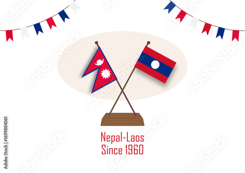 Nepal Laos cross flag vector illustration featuring both national flags crossed together, suitable for international relations, cultural exchange, travel, tourism, events, posters, and educational