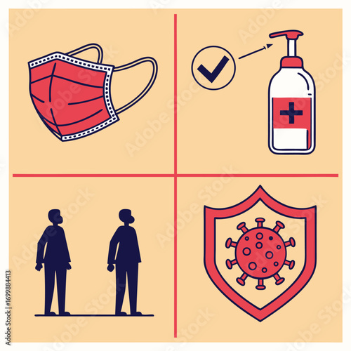 Covid-19 prevention icons mask hand sanitizer social distancing shield