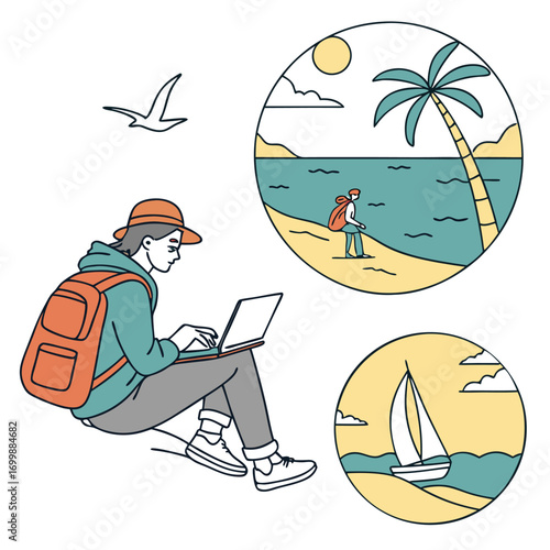 Digital Nomad Working Remotely on Beach Vacation travel