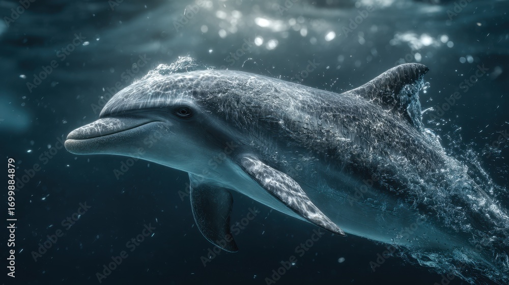 Fototapeta premium Happy dolphin swimming underwater in cinematic light ocean environment high-quality content joyful concept for marine life lovers